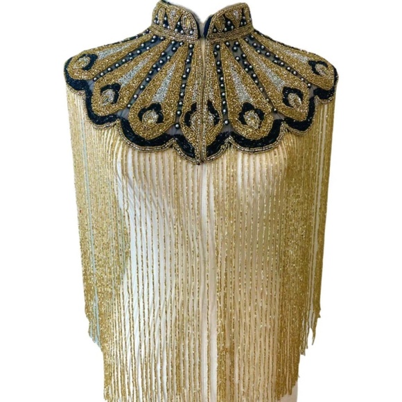 L'Jai Amor Tops - Gold Peacock Design Hand Beaded Fringe Cape